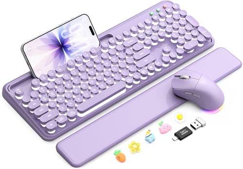 Wireless Keyboard and Mouse Combo - Backlit Typewriter Keyboard with Magnetic Wrist Rest & Phone Holder Light Up Round Keys 2.4GHz Cordless Set for Mac Windows PC SABLUTE (Soft Lilac)