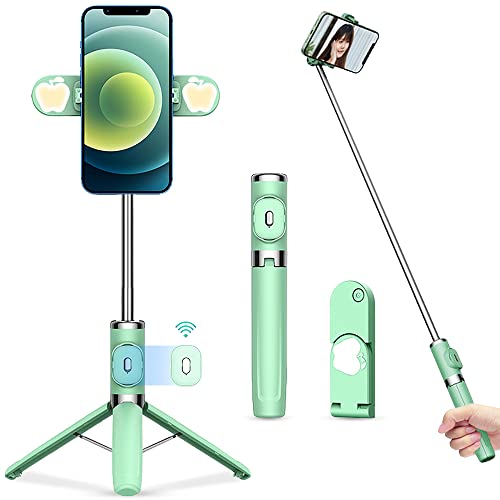 自撮り棒 bluetooth リモコン付き じどり棒 ライト付き スマホスタンド 日本語説明書 じどりぼう スマホ 三脚 104cm 7段階伸縮 セルカ棒 iPhone&Androidに対応 セルフィー/撮影録画/生放送 携帯スタンド (緑)