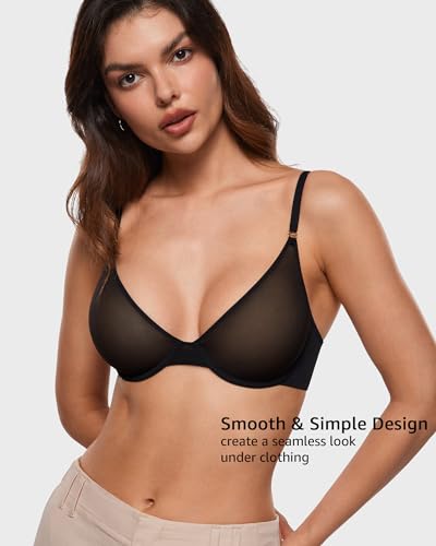 INLYRIC Women's Cosnufy Sheer Bra Unlined Plunge Underwired Mesh Demi See Through Sexy Bras Black 32D - Image 2