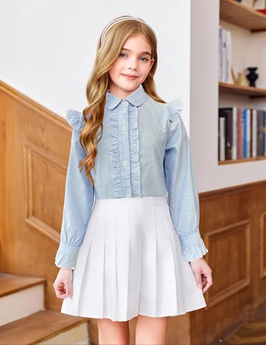 Image of Girls Short Sleeve Button Down Shirts Ruffle School Uniform Crop Tops Peter Pan Collar Plaid Blouse 4-13Y