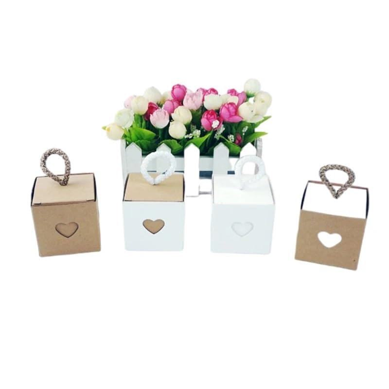 Bolsa de regalo Kraft Caja de regalo de papel Kraft 25/50 piezas, caja de caramelo cuadrada en forma de corazón con cuerda, bolsas de embalaje de mano, suministros de fiesta de cumpleaños y boda