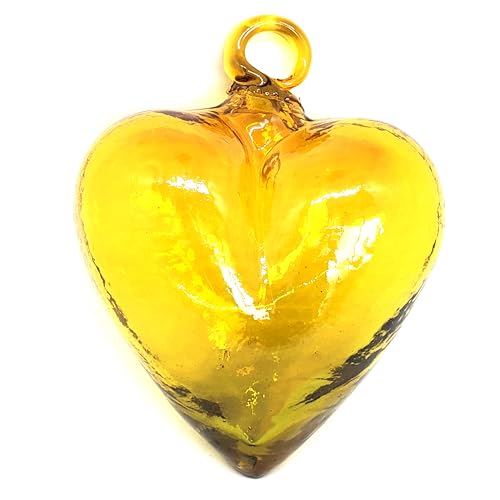 MexHandcraft Yellow 5.1 inch Large Hanging Glass Hearts (Set of