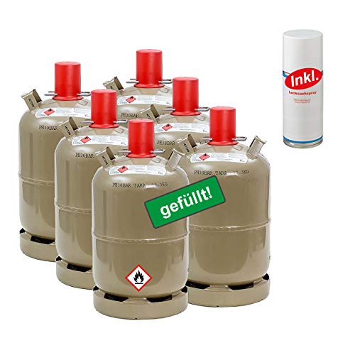 6X Propan-Gas-Flasche 11 kg gefüllt, voll, inkl. Lecksuchspray für Camping, Gasgrill, Gaskocher