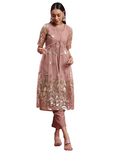 Image of INDO ERA Women's Net Ethnic A-Line Kurta Pant Set