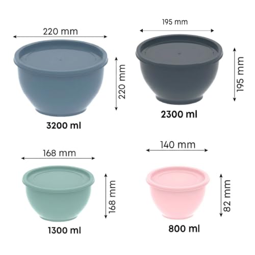 Image of All Time Plastic Mixing Bowl Set of 4 with Lids | 800ml, 1300ml, 2300ml & 3200ml BPA Free Microwave Safe PP Bowls | Food Grade Kitchen Mixing, Serving & Storage Bowls for Baking & Meal Prep