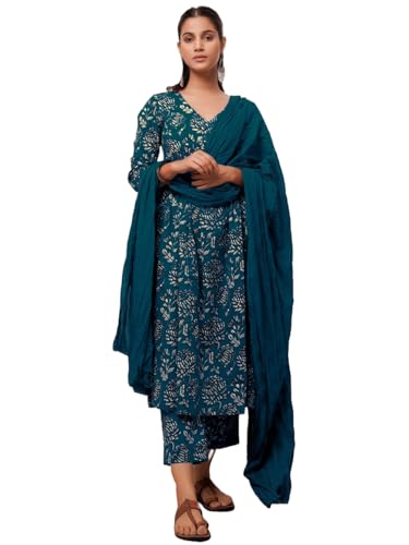 Image of GoSriKi Women's Cotton Blend Anarkali Printed Kurta with Pant & Dupatta