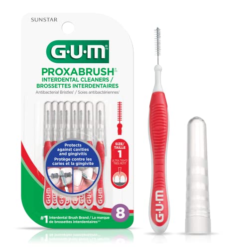 GUM Proxabrush® Nettoyants Interdentaires Réutilisables, Soies Antibactériennes, Bouchon Voyage, 1314N, Rouge, Taille 1, 8 Unités