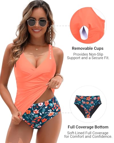 Image of Yonique Plus Size Tankini Swimsuits for Women Blouson Tankini Tops with Swim Shorts Two Piece Bathing Suits