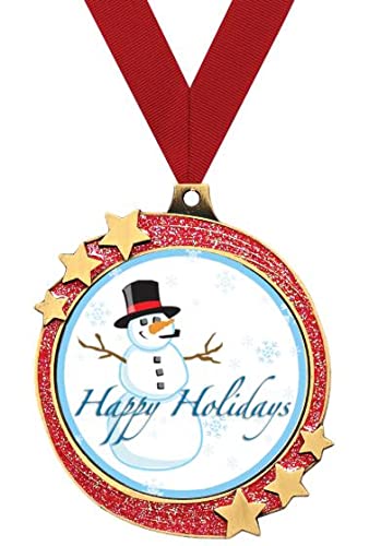 Crown Awards Happy Holidays Red Glitter Award Medals, 2.5" Gold Shooting Star Snowman Trophies, 20 Pack Prime