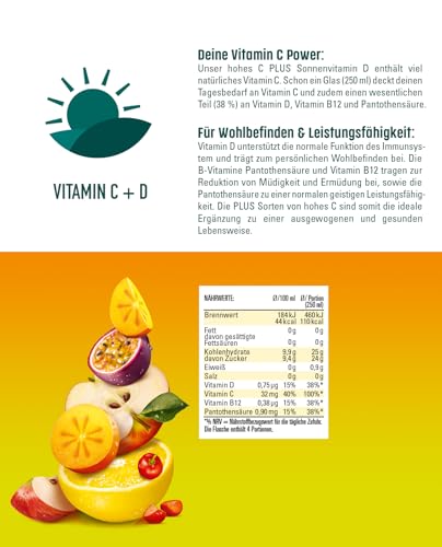 hohes C PLUS Sonnenvitamin D (6 x 1l), 100% Saft, Orange, Apfel, Maracuja, Zitrone, Kaki, Vitamin C, PLUS an Vitamin D, ohne Zuckerzusatz laut Gesetz, vegan