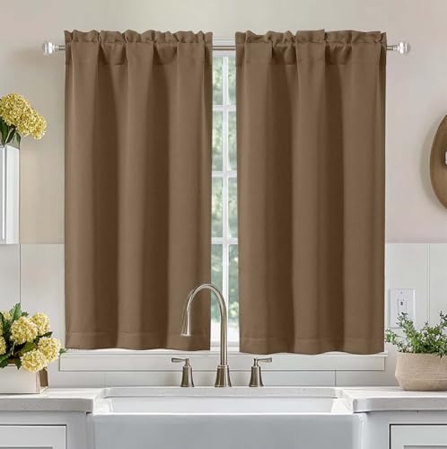 Image of Aiyufeng Brown Short Blackout Curtains for Bedroom 45 Inches Long 2 Panels Set, Solid Thermal Insulated, Energy Saving Window Treatment Curtains Blackout Drapes, W40 x L45 Inch, Brown