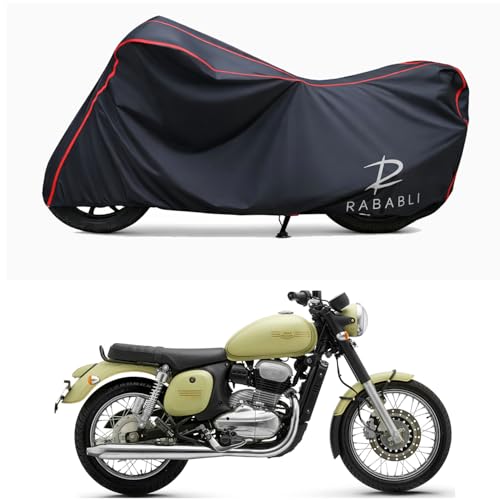 Image of Waterproof Bike Body Cover Compatible for | Jawa Forty Two Lumos | Taffeta Fabric, Red Piping Design, Bottom Elastic Fit | Dustproof, Sun UV & Rain Protection for All Bikes