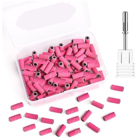BQAN Sanding Bands for Nail Drills, 100pcs Small Bands 240 Fine Grit Nail File Sanding Bands with Upgrade 3.1mm Mandrel Drill Bits for Acrylic Nails Gel Manicure (Pink) Cover