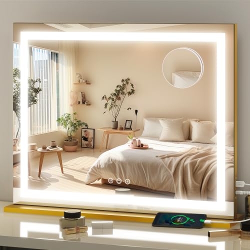 Image of FENNIO 23 inch x 18 inch Vanity Mirror with Lights,LED Makeup Mirror,Hollywood Mirror with 3 Color Modes & Adjustable Brightness,Vanity Mirror Square Gold