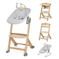 Kinderkraft ENOCK Wooden Highchair + Baby Bouncer CALMEE, Multifunctional Baby Chair, Ajustable Heigh and Footrest, Safety Harness, with Detachable Tray, for Children up to 10 Years