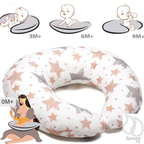Coussin d'allaitement blanc étoiles roses et grises oreiller bébé coton amovible - 4