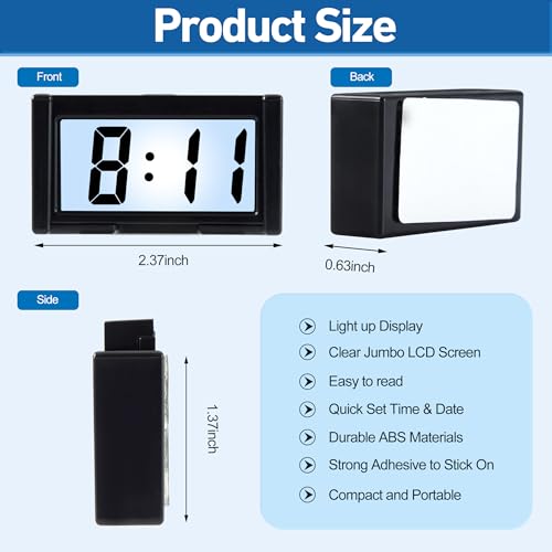 Image of KANBIT Small Digital Car Dashboard Clock Battery Operated Big Clear LCD Time Display with Strong Adhesive Mini Stick On Car Watch for Automotive, Motorcycle &Truck (Light Black, Pack of 2)