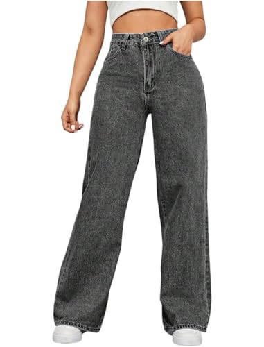 Image of DEELMO Women's High Waist Wide Leg Denim Jeans for Women | Straight Fit Full Length Casual Wear Pants