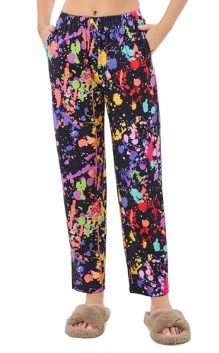 sissycos Women's Comfy Pajamas 80s 90s Pj Pants Buttery Soft Lounge Sleepwear (Splash Black,Medium)