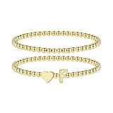 TINGN Pulseras de oro para mujer, chapado en oro de 14 quilates, pulsera de corazón con inicial A-Z, pulsera elástica de cuentas Doppellagig, pulsera de monograma personalizada, regalos de cumpleaños