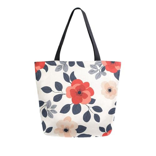 Extra Large Shoulder Tote Bag for Beach Travel Weekender Gym Flower Leaves Red Pattern Black Leaves Reusable Grocery Canvas Shopping Bag