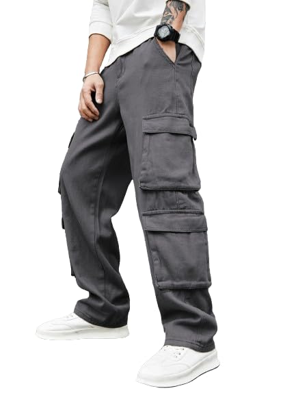 Image of Men's 8 Pocket Cargo Pants | Premium Cotton Twill Baggy Fit Trousers | Stretchable Casual Streetwear Cargos | Mid Rise