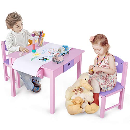 HONEY JOY Kids Wood Table and Chairs Set, Arts and Crafts Table and Two Chairs Set for Boys Girls, Drawing Paper Rack & Storage Drawer, Kid Playroom Preschool Study Dining Picnic Table Set