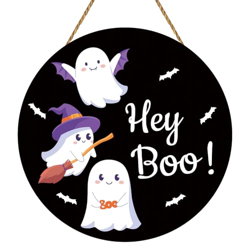 Halloween Door Decorations Cute Ghost Decor Halloween Wreath Hey Boo Sign Wooden Front Door Hanger Bat Ghost Hanging Sign Wreath for Wall Indoor Home Decor
