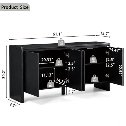 Image of 61 inch Black Sideboard Buffet,Credenza Storage,Media Console Cabinet