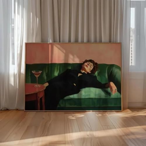 ZHAOLIN Peinture à l'huile sur toile représentant une femme élégante allongée sur un canapé, affiche verte émeraude, décoration murale esthétique, 20...