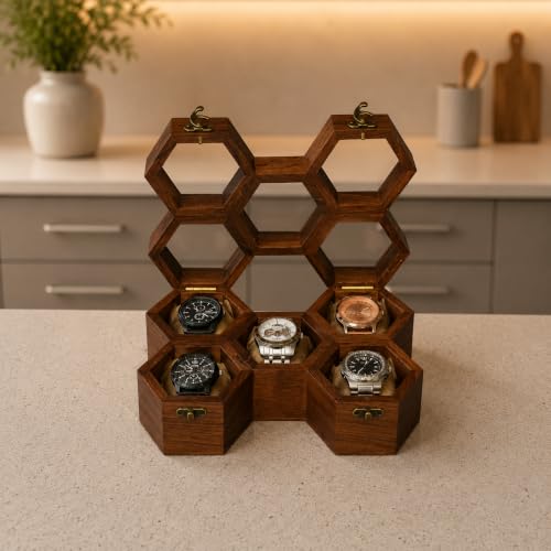 Image of Wooden Watch Box With Honeycomb Design, 5 Compartment Dustproof Storage Case, Handmade Gift Box For Men & Women, Golden Brown Finish, Unique Luxury Watch Organizer