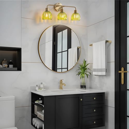 Image of 3-Light Gold Brass Bathroom Light Fixture,Wall Sconces,Brushed Gold Vanlity Light Over Mirror,Bathroom Vanity Light with Green Glass Flower Shade,E26 Socket(Bulbs Not Included)