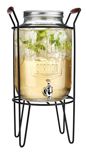 Embossed Cooling Station 2 Gallon Clear Glass Ice Cold Beverage Dispenser Mason Jar With Screw Lid, Spigot & Metal Caddy Stand- Wide Mouth For Easy Filling For Outdoors Parties & Daily Use
