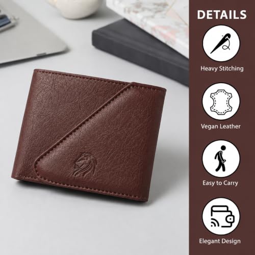 Image of VEMILIO Men's Vegan Leather Wallet for Men | Edge Cut Slim Bi-Fold Gents Purse | Stylish Wallet with Coin Pocket | 3 Card Slots | ID Window & 2 Currency Compartments (Brown)