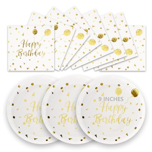 Image of 50Pcs Happy Birthday Paper Plates and Napkins, 9" White Gold Disposable Plates for Parties, Paper Dessert Cake Plates, Strong Party Tableware Set 25 Guests for Birthday Decorations