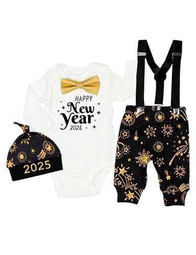 Image of MIGU Baby boy New Year Outfit 2025 Happy New Year Baby Boy Outfit White Long-Sleeve Star Carrier Pants hat 3PCS Set