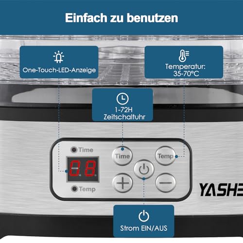 YASHE GGJ-261B Dörrautomat mit LED-Display, Temperaturregelung 35-70°C & 72-Stunden-Timer, 5 höhenverstellbaren Tabletts, Dörrgerät für Obst und Gemüse, 240 Watt, BPA-frei – Bild 3