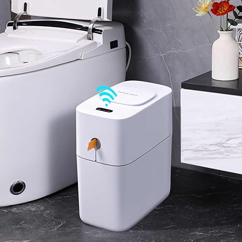 Image of MOPUP Touchless Bathroom Trash Can, Automatic Garbage Can for Bedroom,Office Motion Sensor Trash Bin,3.5 Gallon Dogproof Plastic Slim Wastebasket for Toilet, RV,Living Room, White