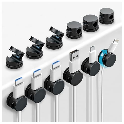 OneLeaf 12 Pack 360° Rotatable Spring Cable Clips[1s Lock], Adhesive Cord Holder for Nightstand, Phone Charger Cord Holder for Desk Home Office Car Game Station