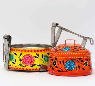 Image of iHandikart Handpainted Decorative Lunch Box Tiffin | Multiple Tier Stainless Steel Food Box | Designer Indian Print Tiffin for School | Diwali Gift, Navratri Gift (Color - Multicolor)