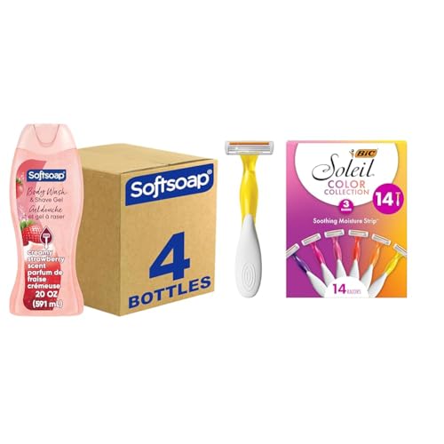 Softsoap Body Wash & Gel Strawberry, 20oz, pack of 4 + BIC Soleil Smooth Colors Women’s Disposable Razors With Vitamin E Lubricating Strip for Enhanced Glide, Great Stocking Stuffer, 14-Count Gift Set