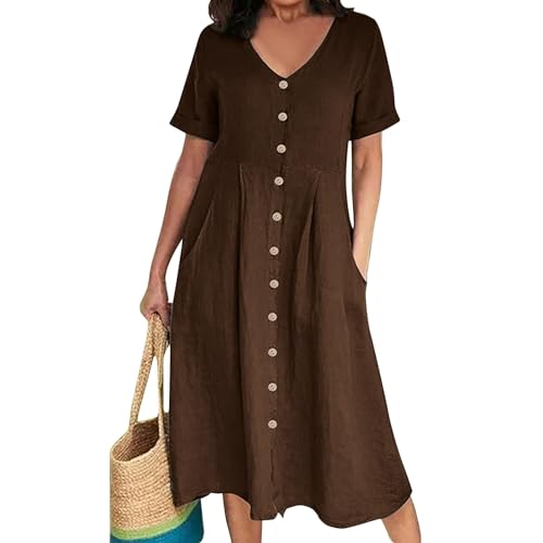 Robe en coton et lin col V pour femme grande taille avec poches