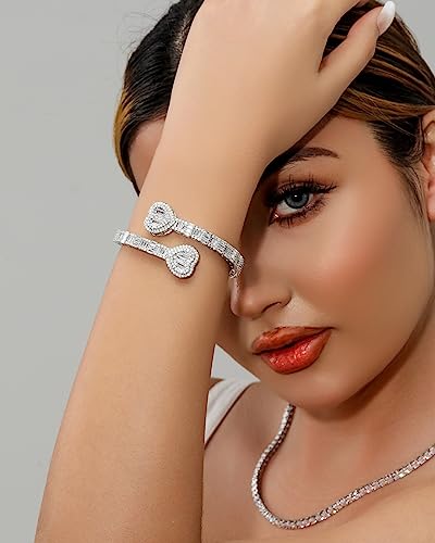 Lulu Mel Iced Out Baguette Diamond Bracelet Jewelry for Women, Hip Hop Mens 14k Gold Silver Plated Cubic Zirconia Bangle Bracelet, Men Heart Cuff Bracelet With Jewelry Box2