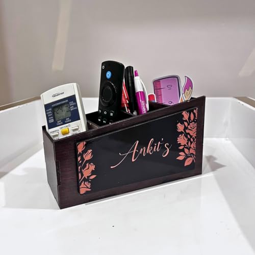 Image of Zesta Wooden Desk Organizer Pen Stand Remote Holder Card Slot | Table Accessory Office Desk Study Room | Pencil Storage Stand Stylish Workspace Decor (Custom)