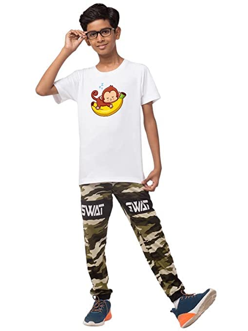 Image of T-Shirt Combo for Boys and Girls Half Sleeves Animal Print Modern New Casual Round Neck Cotton Regular Fit White