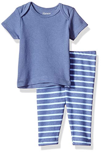 Hanes Ultimate Baby Flexy 2 Piece Set (Pant with Short Sleeve Crew Tee), Blue Stripe, 12-18 Months