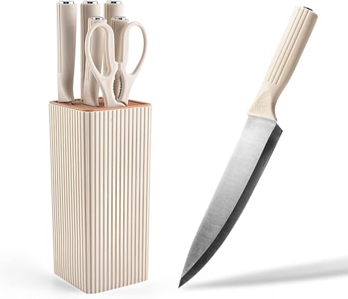 Image of Knife Set, 6-Piece Kitchen Knife Set with Block, High Carbon Stainless Steel Ultra Sharp Kitchen Knives, Wood Grain Handle, Dishwasher Safe Knife Block Set, Black, Mothers Day Gifts (White)