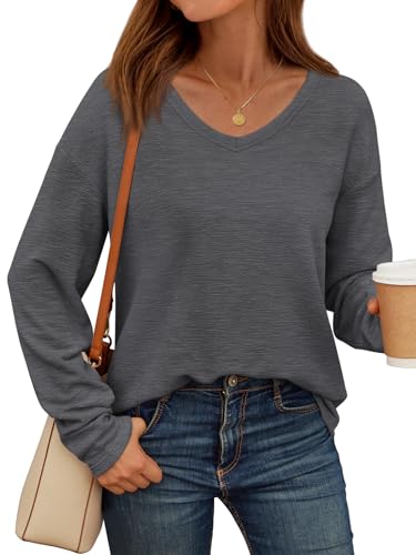 Image of AUTOMET Women's Long Sleeve Oversized Tshirts V Neck 2025 Cotton Tops Lightweight Pullover Casual Basic Tees