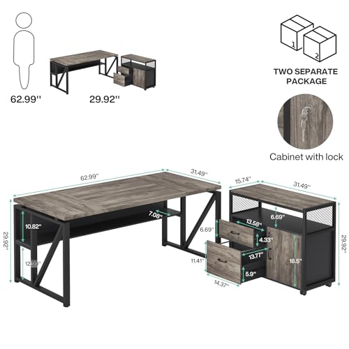Image of Tribesigns L Shaped Desk with Drawer Cabinet, 63 inch Executive Computer Desk and lateral File Cabinet, 2 Piece Home Office Furniture with Drawers for Hanging File, Doors with Locks (Gray, 63 inches)
