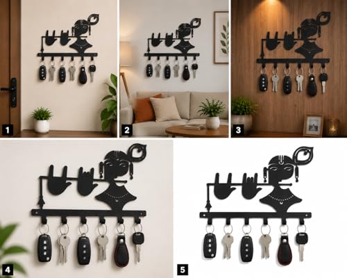 Image of Ventuos Metal Wall Mounted Key Holder with 6 Hooks, Krishna Design, Key Organizer for Home Office Bedroom Entryway